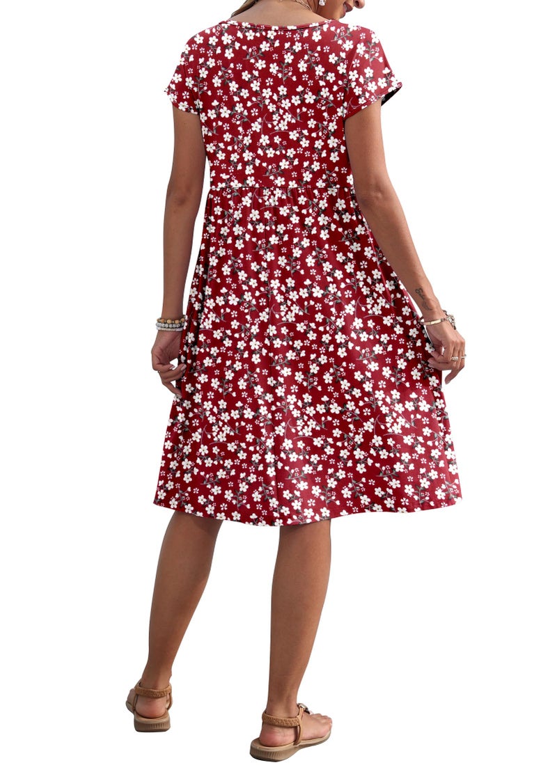 AUSELILY Women's Summer Short Sleeve Knee-Length Dresses Round Neck Loose Dress with Pockets 2026 New, Flower Red L - Image 4