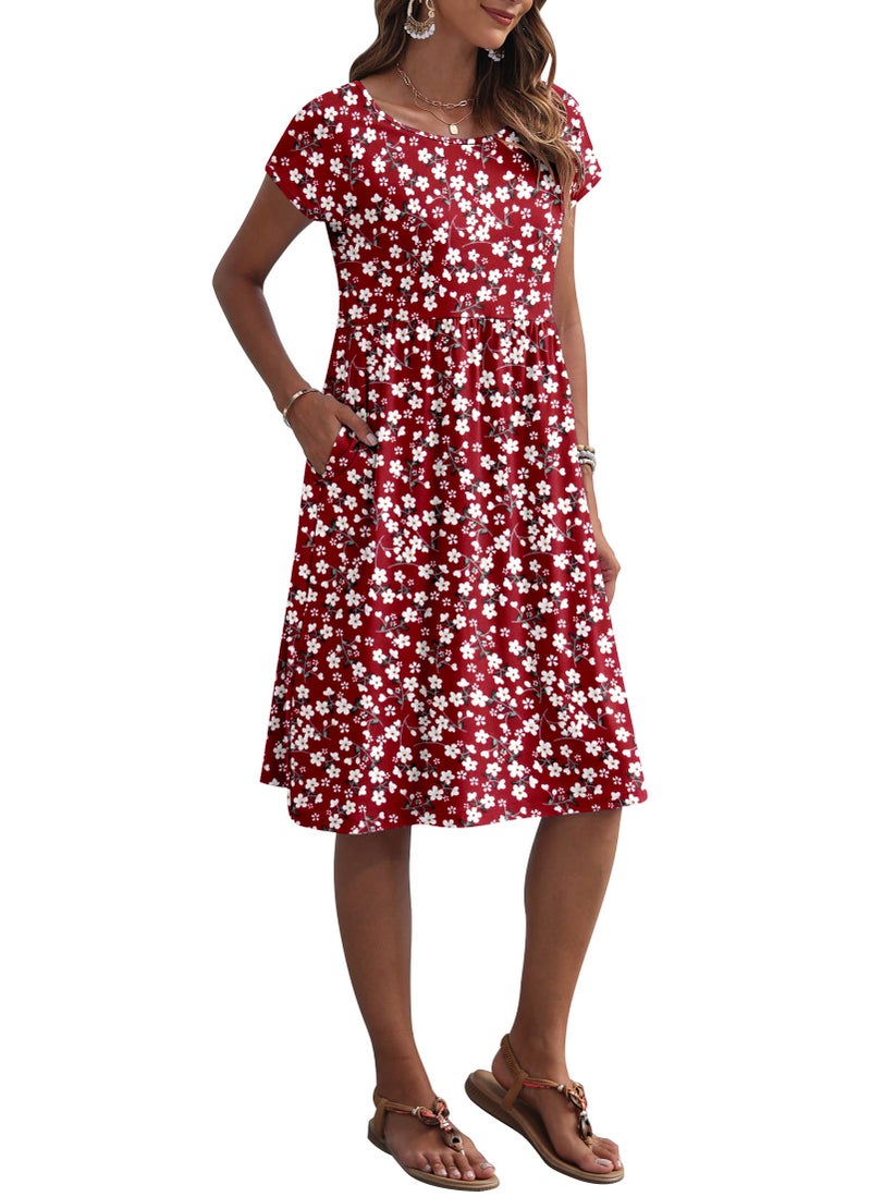 AUSELILY Women's Summer Short Sleeve Knee-Length Dresses Round Neck Loose Dress with Pockets 2026 New, Flower Red L - Image 2