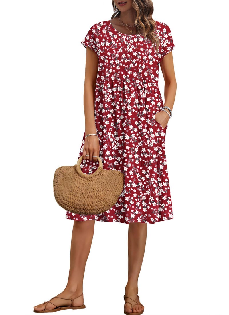 AUSELILY Women's Summer Short Sleeve Knee-Length Dresses Round Neck Loose Dress with Pockets 2026 New, Flower Red L - Image 1