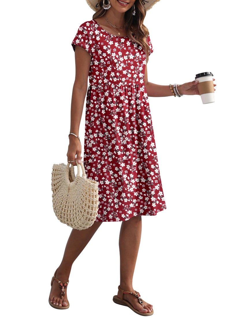 AUSELILY Women's Summer Short Sleeve Knee-Length Dresses Round Neck Loose Dress with Pockets 2026 New, Flower Red L - Image 5
