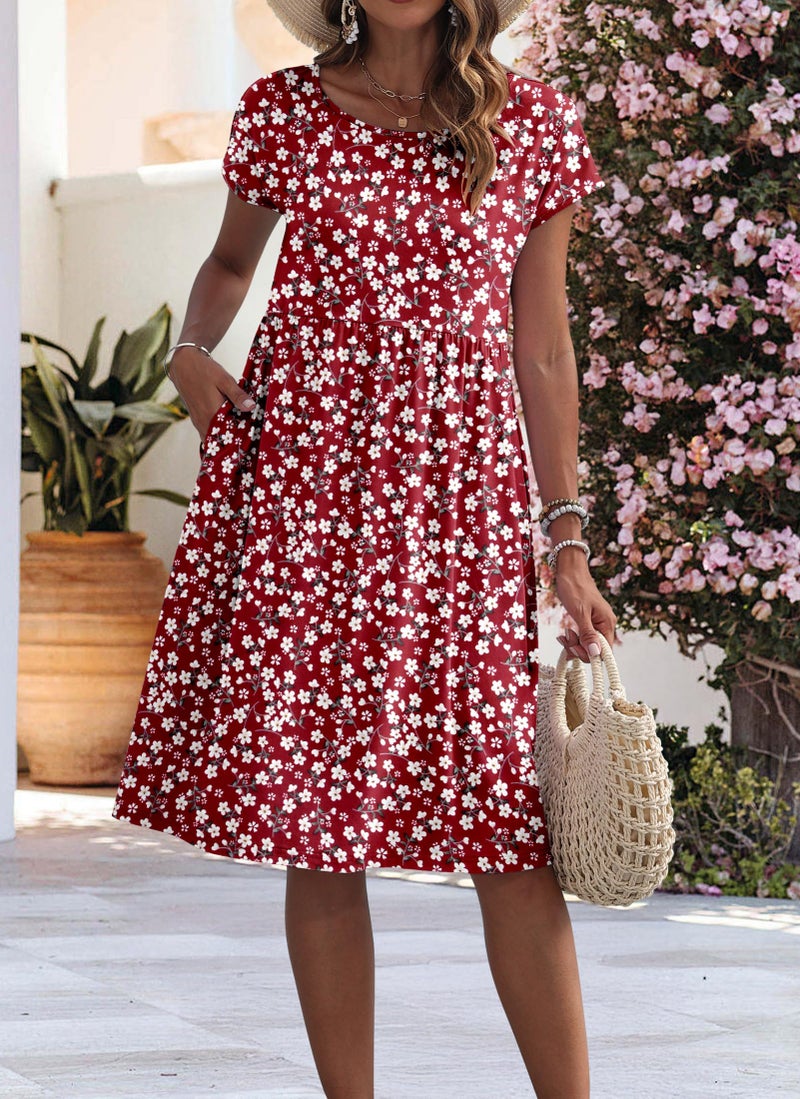 AUSELILY Women's Summer Short Sleeve Knee-Length Dresses Round Neck Loose Dress with Pockets 2026 New, Flower Red L - Image 3