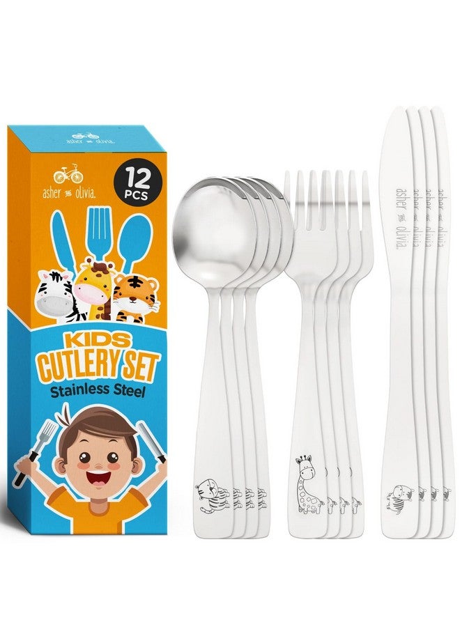 Asher and Olivia Kids Utensils Silverware Set -12-Piece Toddler Silverware Includes 4 Forks 4 Spoons and 4 Kid-Friendly Knives - Cutlery Metal Flatware Set for Preschooler Baby Child - Image 1