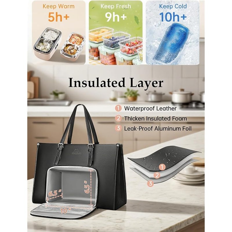 MATEIN Insulated Lunch Bag for Women, PU Leather Laptop Tote Bag with Leakproof Lunch Box Pocket, Convertible Work Bag - Image 4