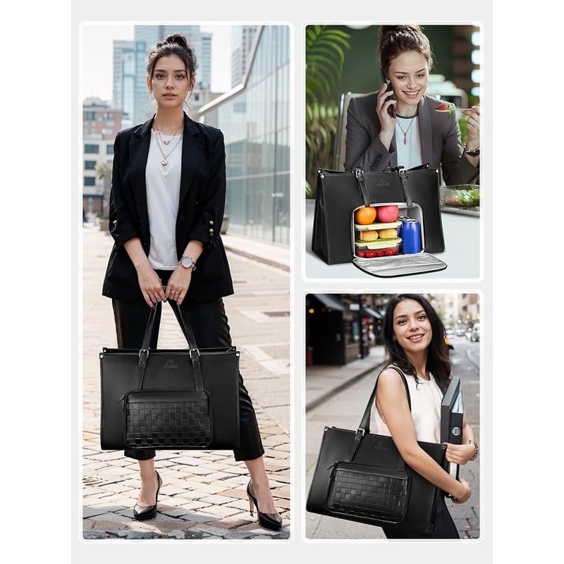 MATEIN Insulated Lunch Bag for Women, PU Leather Laptop Tote Bag with Leakproof Lunch Box Pocket, Convertible Work Bag - Image 2