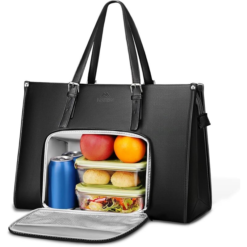 MATEIN Insulated Lunch Bag for Women, PU Leather Laptop Tote Bag with Leakproof Lunch Box Pocket, Convertible Work Bag - Image 1