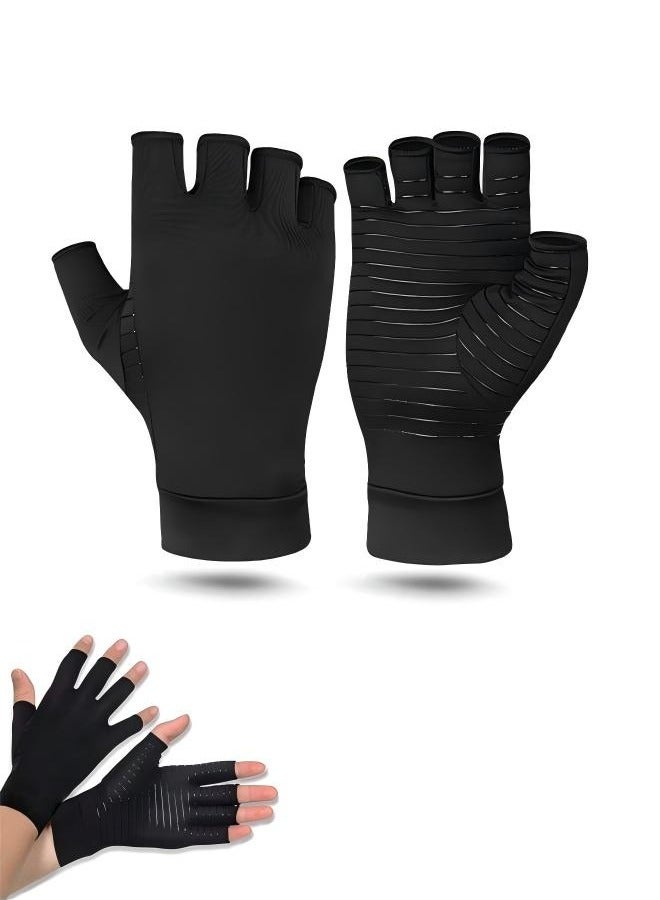 Relieve Arthritis Fingerless Copper Compression Rehabilitation Gloves, Breathable High Elasticity Fabric Anti Slip Silica Gel Movement Gloves (Black) - Image 1