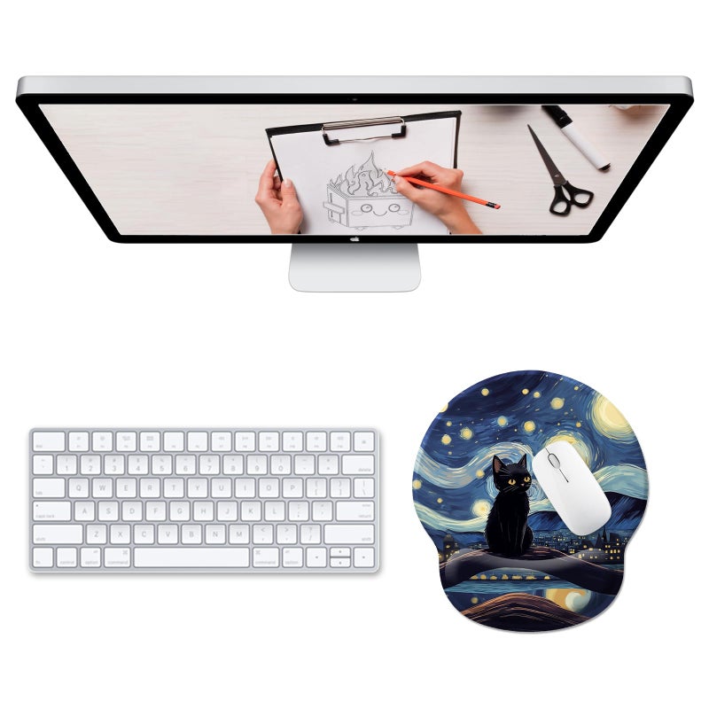 Hancynir Black Cat Ergonomic Mouse Pad Wrist Support  Starry Night Gel Mouse Pads With Wrist Rest  Cute Computer Mousepad For Desk With Non-Slip Pu Base  Comfortable Mouse Pad Office Desk Accessories - Image 2