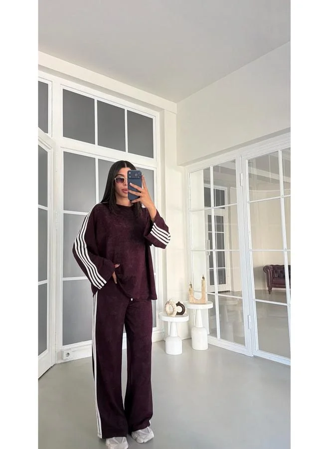 Maroon Modal Fabric with Stripe Detail, Wash-Patterned Dual Set GAUS-01989.