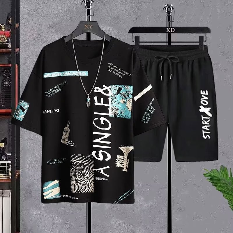 Mens Summer Quick-Dry T-Shirt Shorts Set D07 black-
