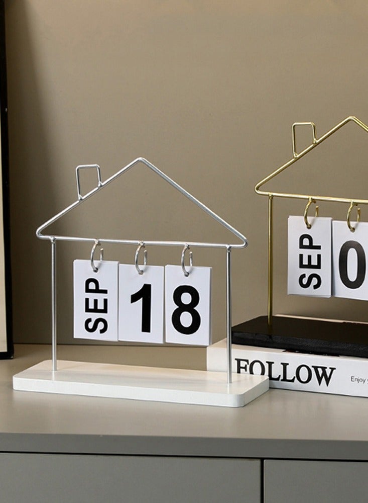 Wood Perpetual Desk Calendar Month And Date Home Office House Shape Desktop Accessory Daily Home Decor - Image 1