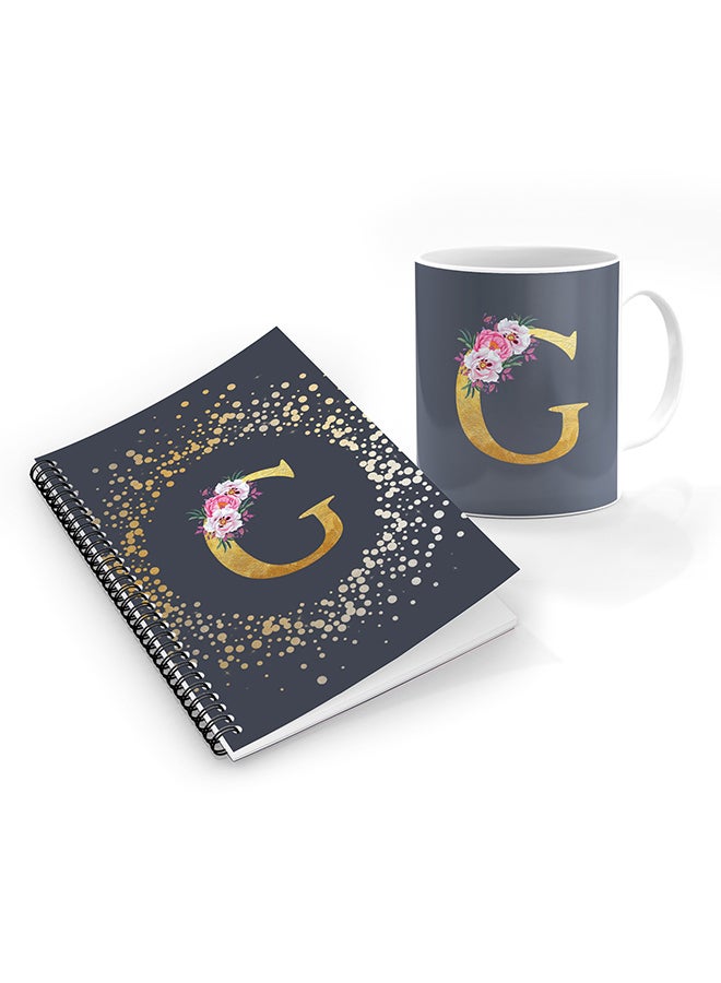 Stylizedd Printed Coffee Mug + A5 Spiral Notebook Memo Personalised Combo Gift Set Custom Monogram Initial Letter Floral Pattern Alphabet - G  (Grey )
