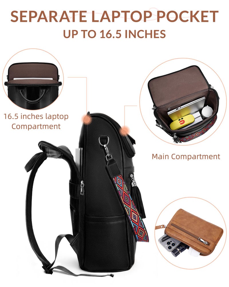 SYTRAH Leather Laptop Backpack for Women Designer Laptop Bag, 16.5 inch Travel Computer Backpacks Purse with Tassel for Work Business with Satchel Purse Black - Image 5