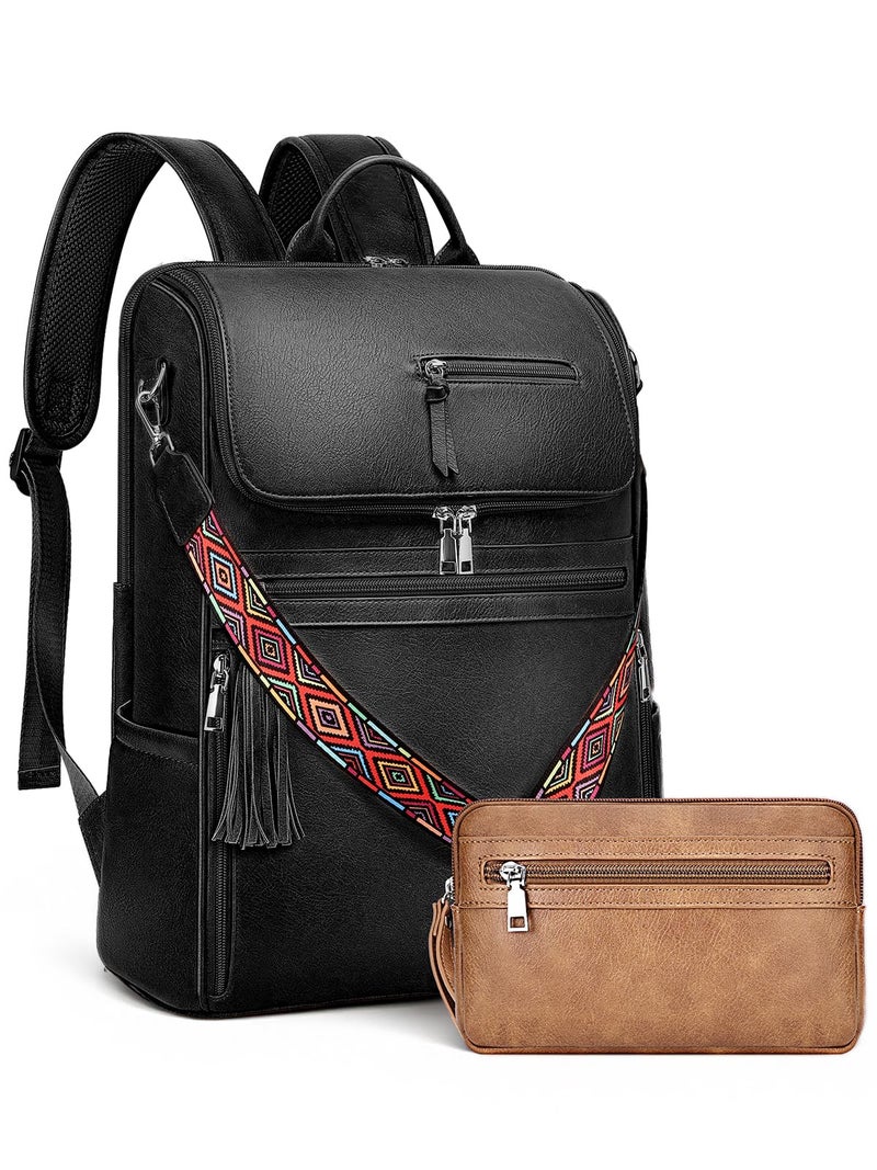 SYTRAH Leather Laptop Backpack for Women Designer Laptop Bag, 16.5 inch Travel Computer Backpacks Purse with Tassel for Work Business with Satchel Purse Black - Image 1