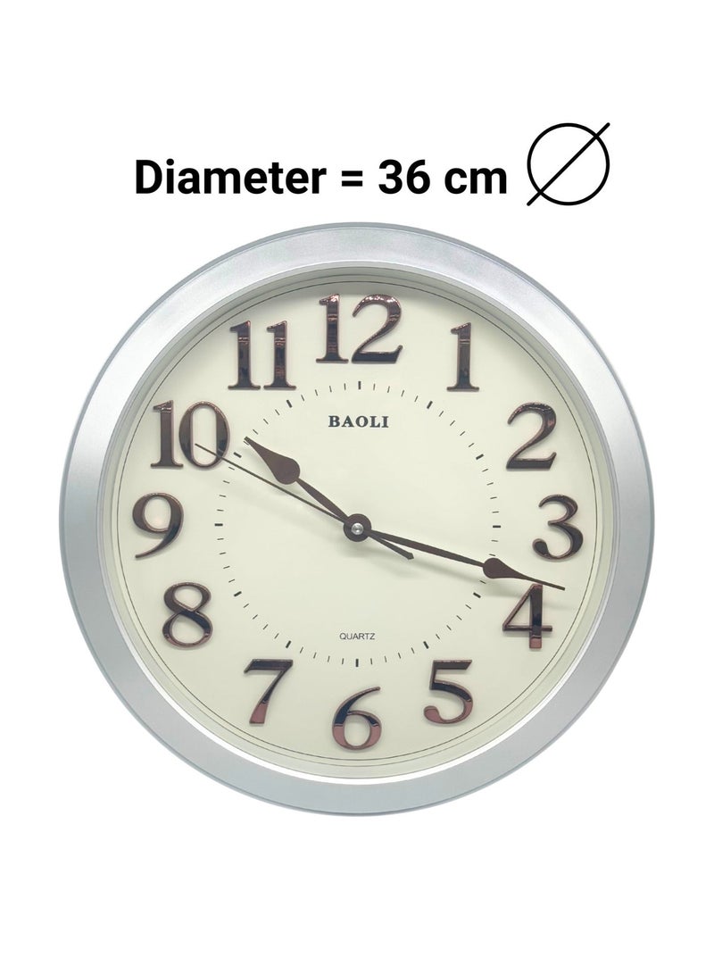 BAOLI Round Silent Sweep Wall Clock | Non-Ticking Quartz Movement, 3D Numbers | Silver Frame - Image 4