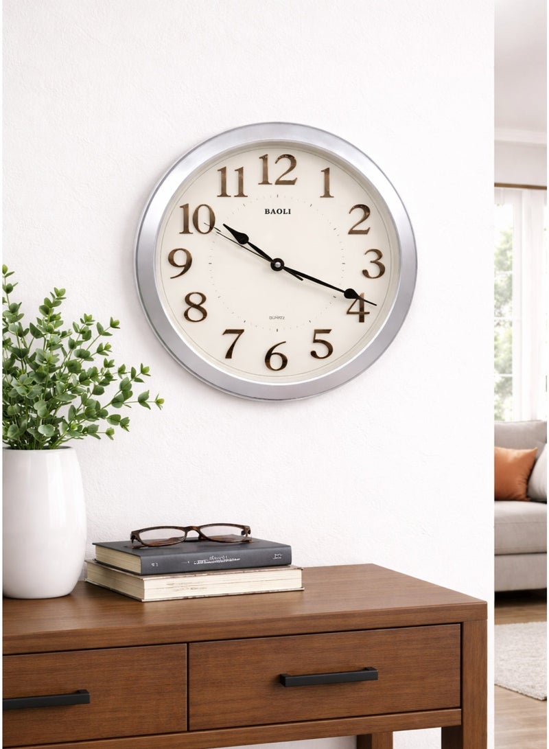 BAOLI Round Silent Sweep Wall Clock | Non-Ticking Quartz Movement, 3D Numbers | Silver Frame - Image 3