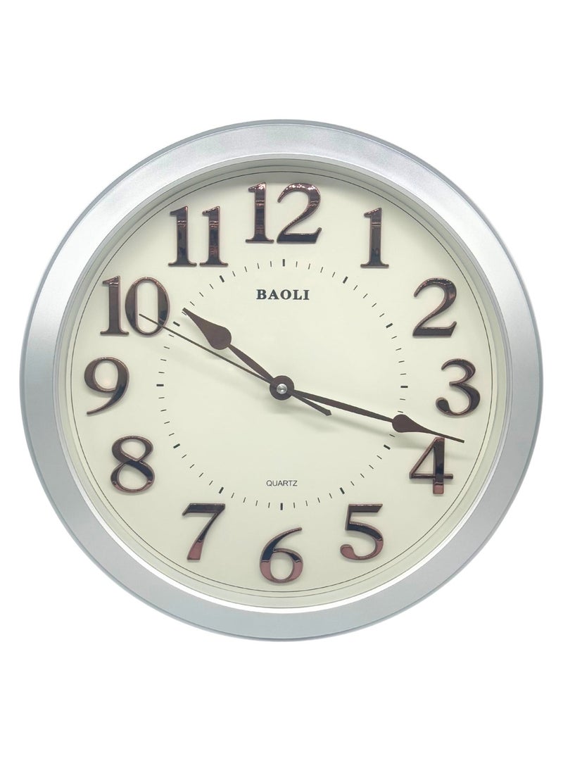 BAOLI Round Silent Sweep Wall Clock | Non-Ticking Quartz Movement, 3D Numbers | Silver Frame - Image 1