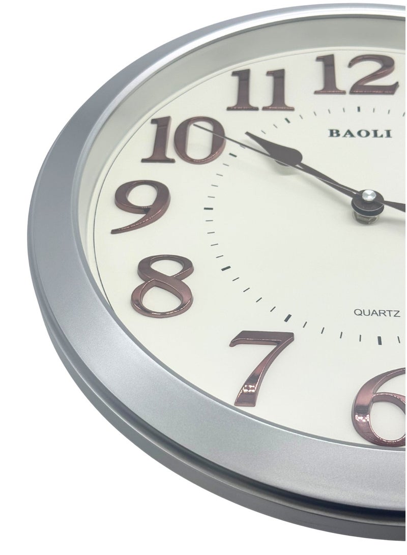 BAOLI Round Silent Sweep Wall Clock | Non-Ticking Quartz Movement, 3D Numbers | Silver Frame - Image 2