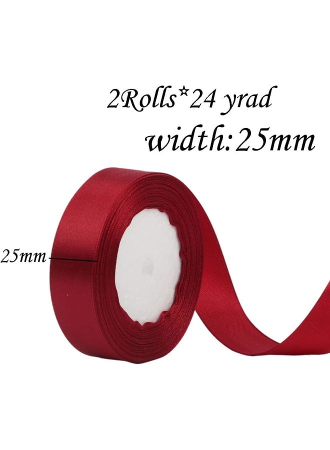 Dark Red Ribbon 25mm 2x22m Christmas Ribbon Burgundy Wine Red Gift Wrapping Satin Ribbon, Dark Red Fabric Thick Ribbon for Crafting Hair Bows Bouquets Wedding Cake Ribbon 25mm - Image 2