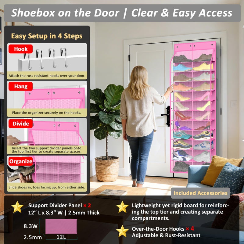Kotkn 24-Pair Over Door Shoe Organizer for Family & Kids, Double Sided | Hanging Storage for Sneakers, Boots, Toys & Room OrganizationRose Quartz - Image 5