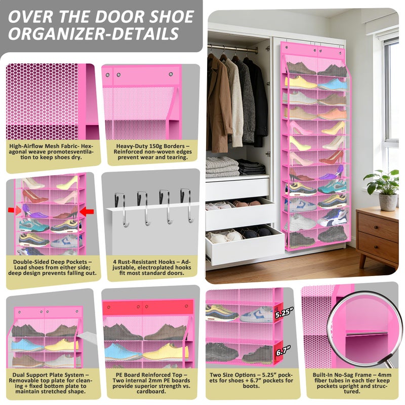 Kotkn 24-Pair Over Door Shoe Organizer for Family & Kids, Double Sided | Hanging Storage for Sneakers, Boots, Toys & Room OrganizationRose Quartz - Image 3