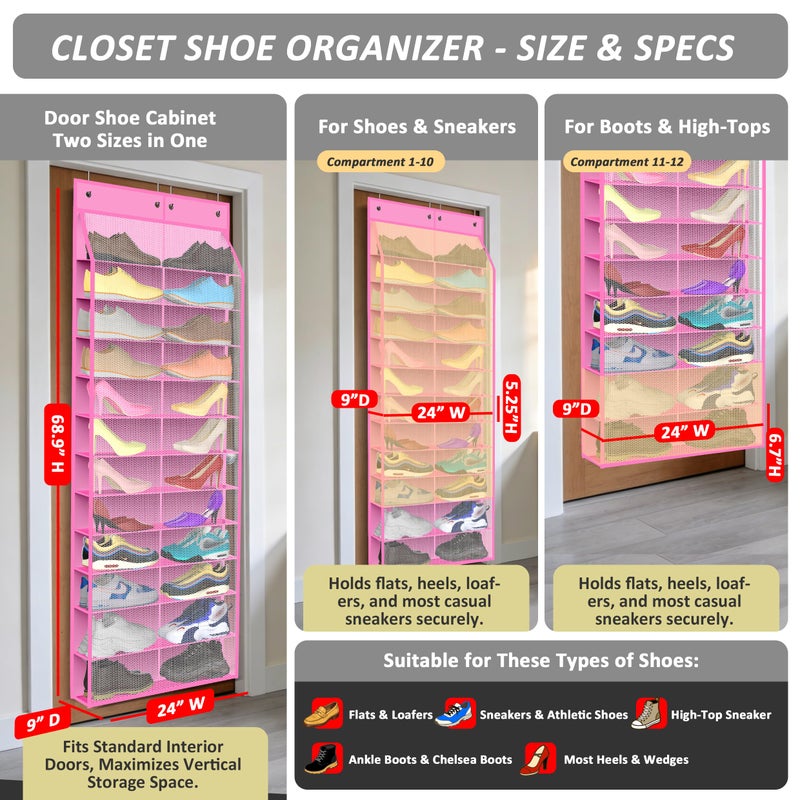 Kotkn 24-Pair Over Door Shoe Organizer for Family & Kids, Double Sided | Hanging Storage for Sneakers, Boots, Toys & Room OrganizationRose Quartz - Image 2