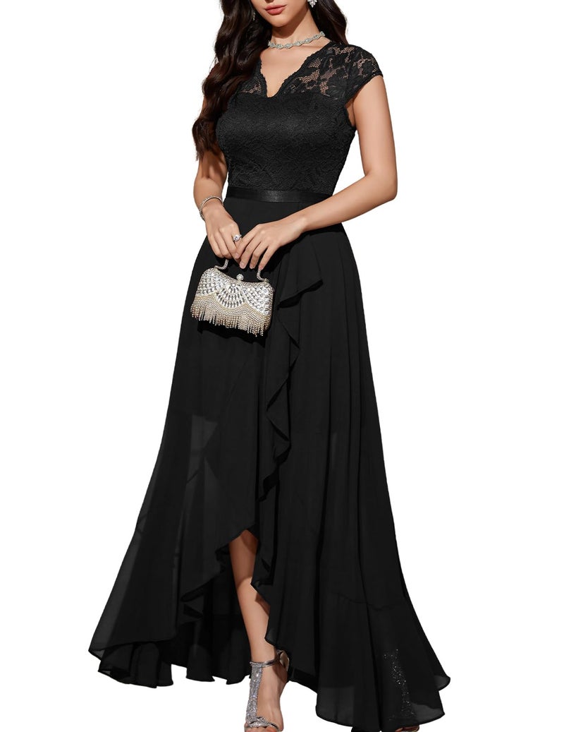 Bbonlinedress Women Formal Mother of The Bride Dress Hi-Lo Ruffled Chiffon Wedding Guest Cocktail Prom Dress Vestidos Eelegantes De Mujer Black XL - Image 1