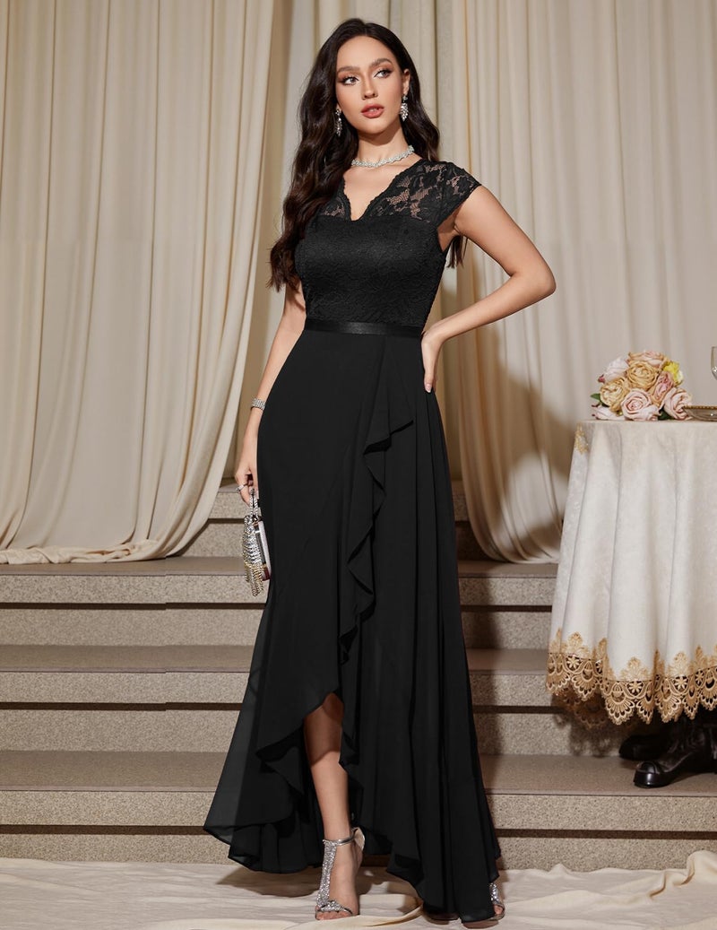 Bbonlinedress Women Formal Mother of The Bride Dress Hi-Lo Ruffled Chiffon Wedding Guest Cocktail Prom Dress Vestidos Eelegantes De Mujer Black XL - Image 4