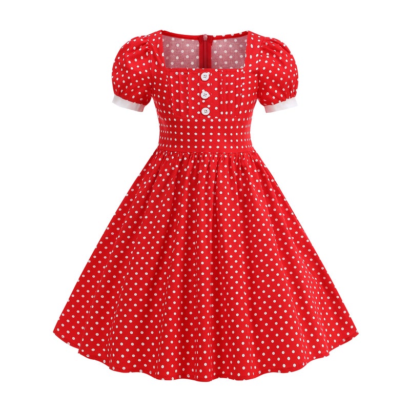 Girls Summer Polka Dot Square Neck Dress - Image 1