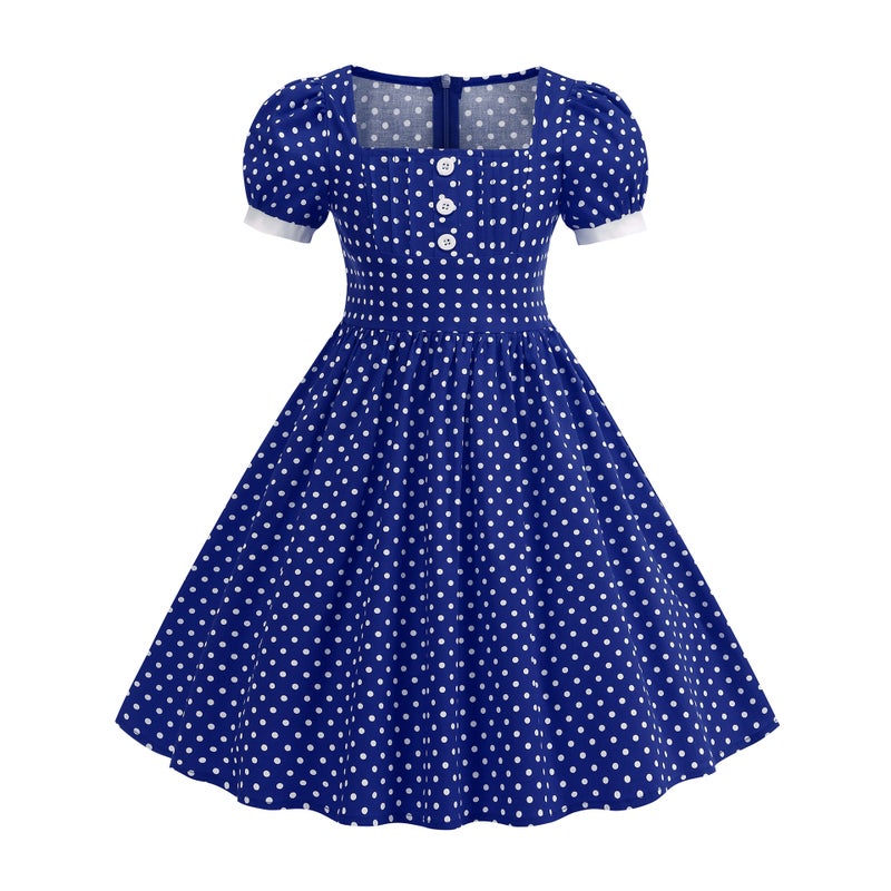 Girls Summer Polka Dot Square Neck Dress - Image 2