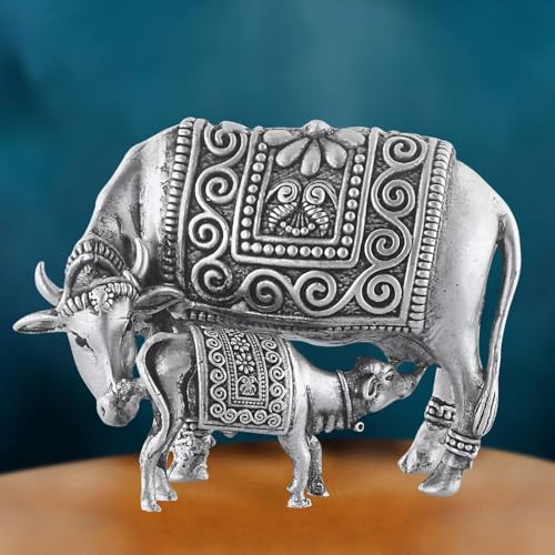 PRD CARATCAFE Silver 925 Statue Kamdhenu Cow & Calf Idol,Hallmark Certified for Pooja Temple Good Luck Gift & Home Decor Figurine for Home, Office Decor | 1.80 x 1.40 Inches | - Image 2