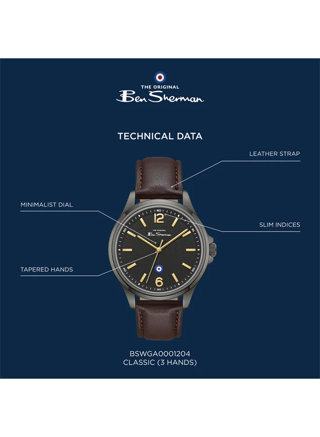 Ben Sherman Brown - Gunmetal Case Westminster Black Dial Brown Genuine Leather Strap Analog Watch for Men, 43mm for Men | Best Price UAE
