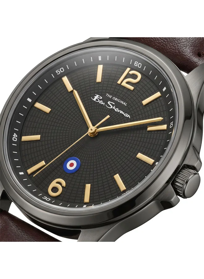 بين شيرمان Westminster Black Dial Brown Genuine Leather Strap Analog Watch for Men, 43mm
