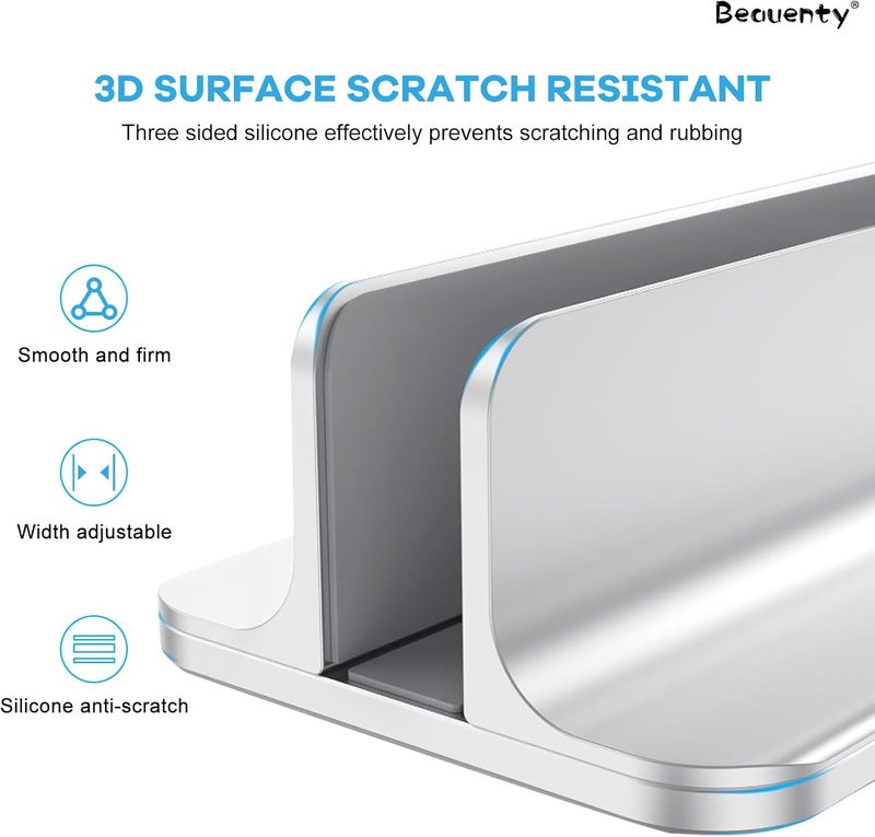 بيوينتي حامل عمودي للكمبيوتر المحمول، حامل كمبيوتر محمول سطح المكتب من سبائك الألومنيوم مع قاعدة سيليكون مانعة للانزلاق، حامل ماك بوك قابل للتعديل، حامل كمبيوتر لوحي وهاتف موفر للمساحة للمكتب (فضي) - Image 3