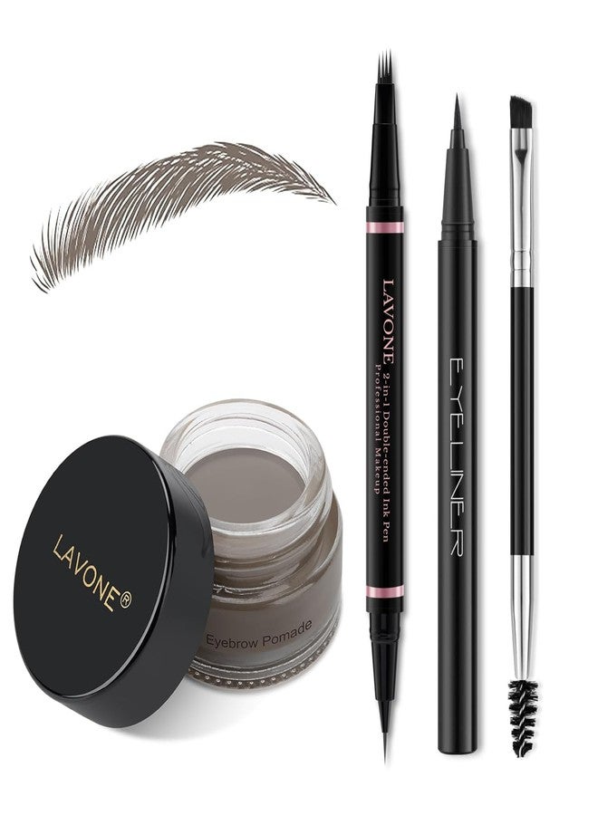 LAVONE Eyebrow Pencil Makeup Kit, with Waterproof 2-IN-1 Microblading Eyebrow Pen, Eyebrow Pomade, Eyeliner and Dual-ended Eyebrow Brush, Brow Pencil Kit for Natural Eyebrows - Grey - Image 1