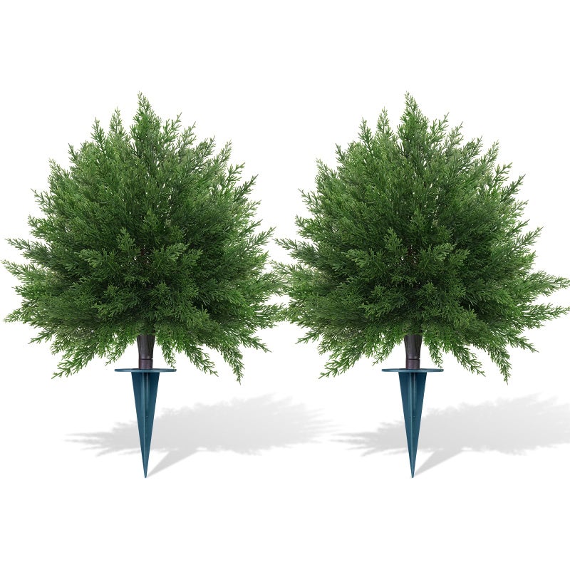 Grooy Artificial CedarTopiary Bushes for Outdoors with Spike, Set of 2 Cypress Topiary Trees with UV Resistant, Outdoors Fake Shrubs Faux Plants for Front Porch Indoor Outdoor Decor - Image 1