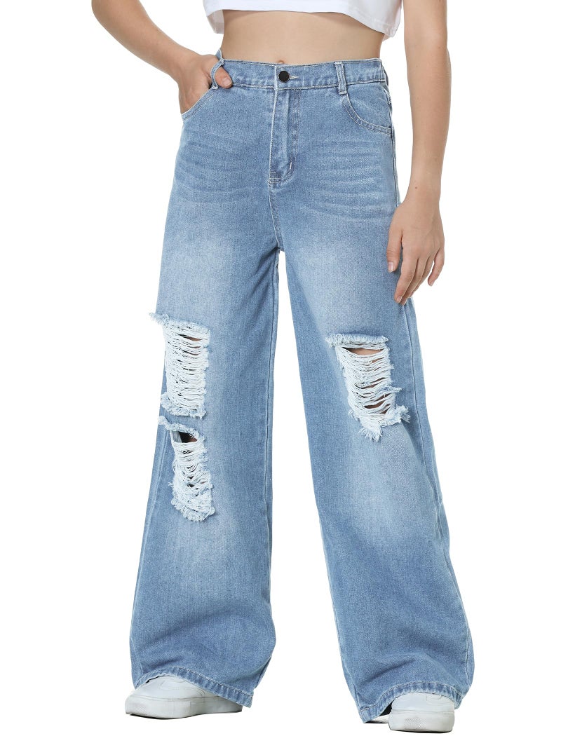 EXARUS Girls Jeans Baggy Wide Leg Pants Teen Clothes Ripped Tween Youth High Waisted Junior Preppy Casual Preteen Pockets Cute Y2K Outfits Kids Washed Light Blue 12Y - Image 1