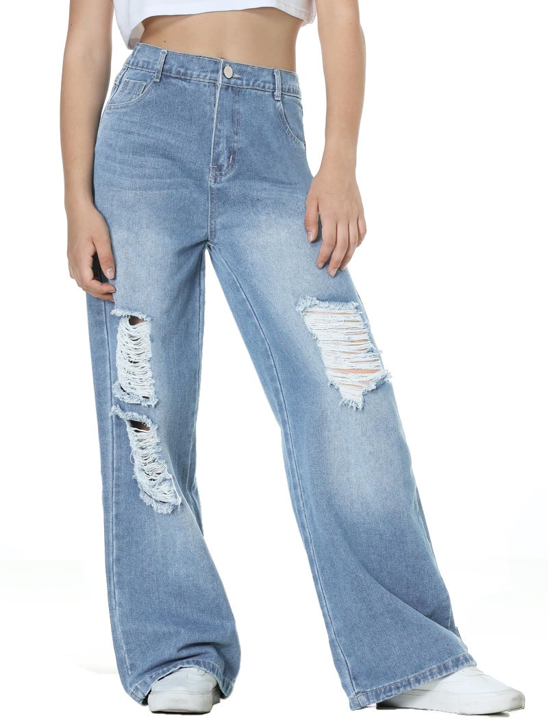 EXARUS Girls Jeans Baggy Wide Leg Pants Teen Clothes Ripped Tween Youth High Waisted Junior Preppy Casual Preteen Pockets Cute Y2K Outfits Kids Washed Light Blue 12Y - Image 4