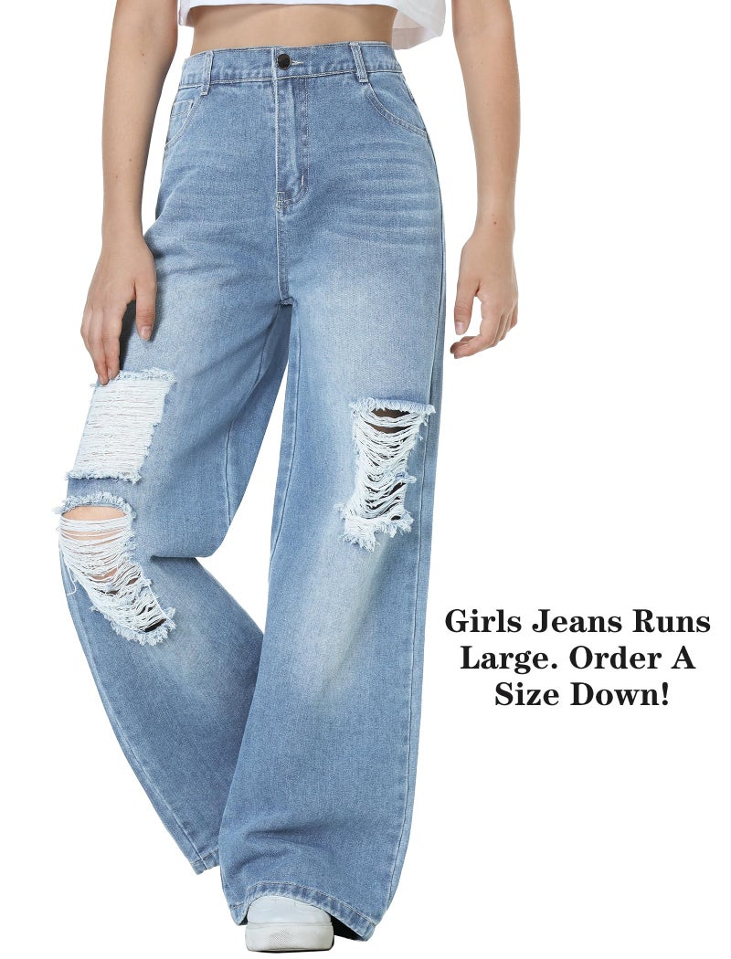 EXARUS Girls Jeans Baggy Wide Leg Pants Teen Clothes Ripped Tween Youth High Waisted Junior Preppy Casual Preteen Pockets Cute Y2K Outfits Kids Washed Light Blue 12Y - Image 3