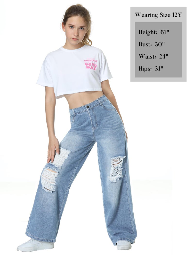 EXARUS Girls Jeans Baggy Wide Leg Pants Teen Clothes Ripped Tween Youth High Waisted Junior Preppy Casual Preteen Pockets Cute Y2K Outfits Kids Washed Light Blue 12Y - Image 5