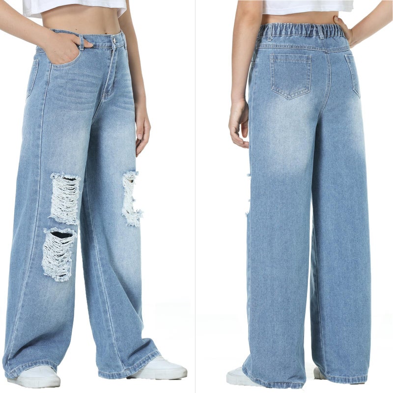 EXARUS Girls Jeans Baggy Wide Leg Pants Teen Clothes Ripped Tween Youth High Waisted Junior Preppy Casual Preteen Pockets Cute Y2K Outfits Kids Washed Light Blue 12Y - Image 2