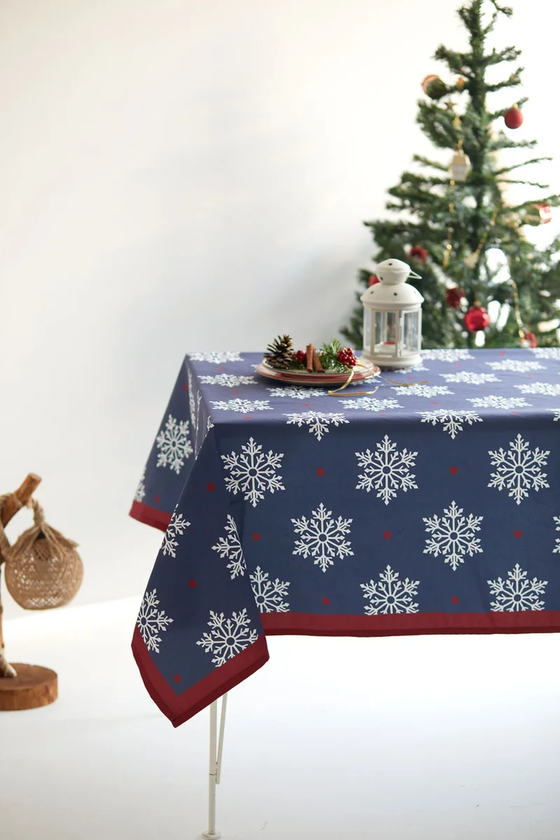 ايس هوم Ayshome Snowflake Navy Blue Red New Year Tablecloth