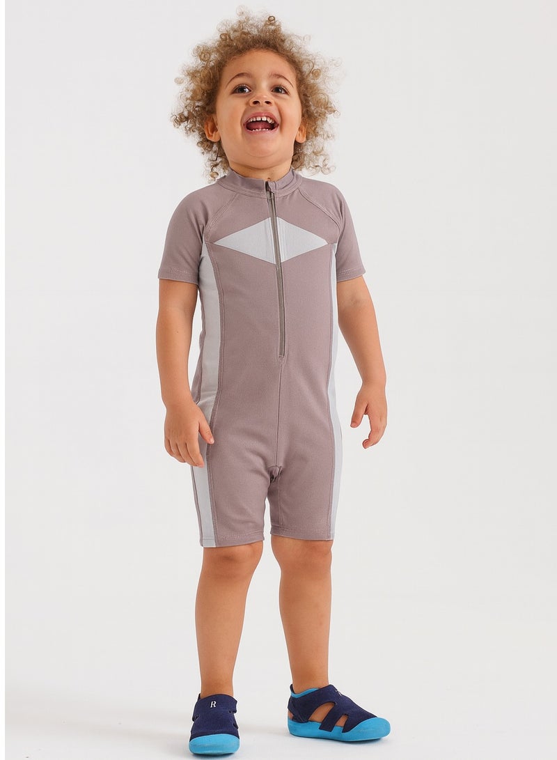 Kids's Athletic Swimsuit, Short Sleeve Front Zip One-Piece, Performance Rash Guard