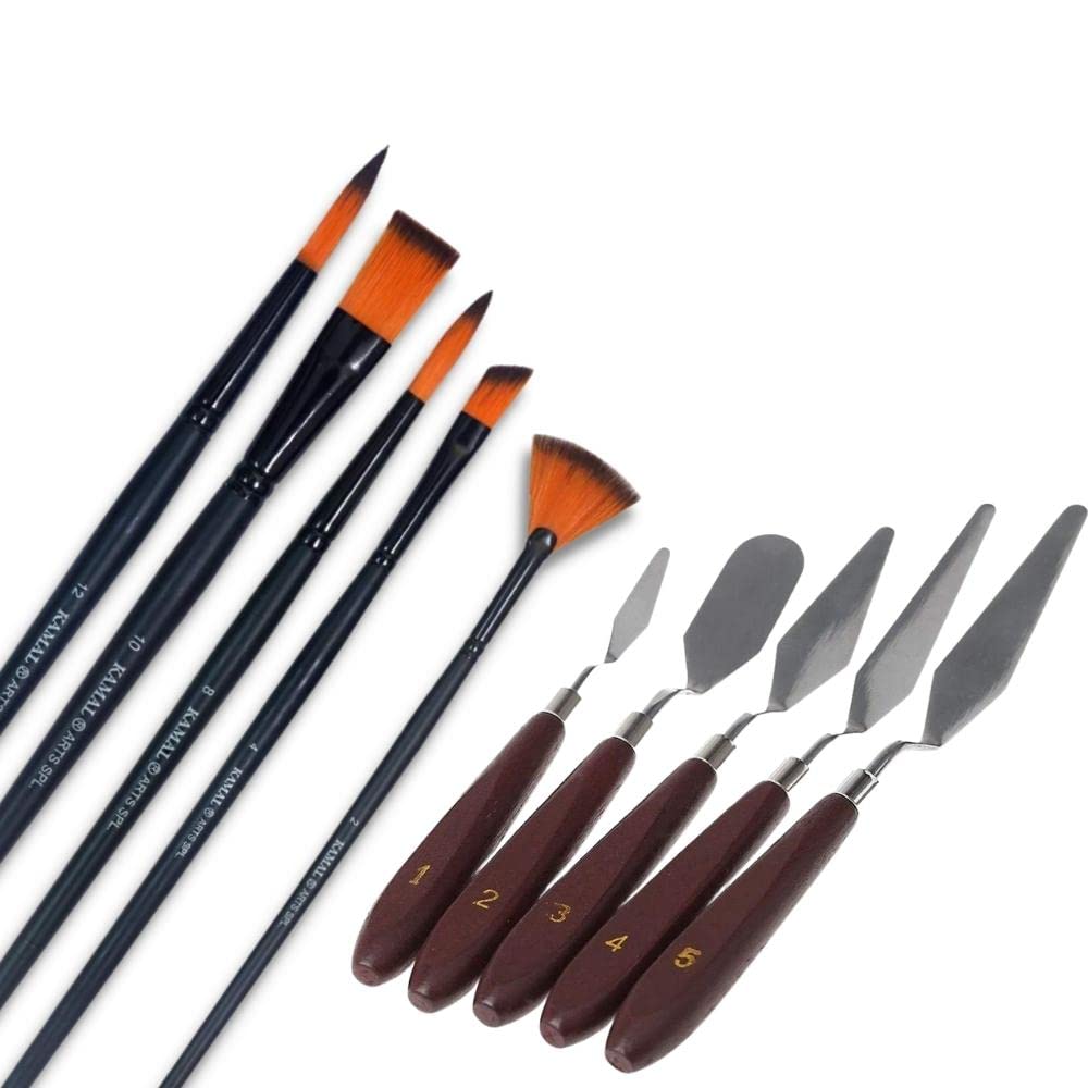 KAMAL Combo Pack of Artist Quality Matte Series Black Assorted Paint Brush Set for Water, Poster,Acrylic Colours with 5 Pcs Stainless Steel Artists Palette Knife Knives Set