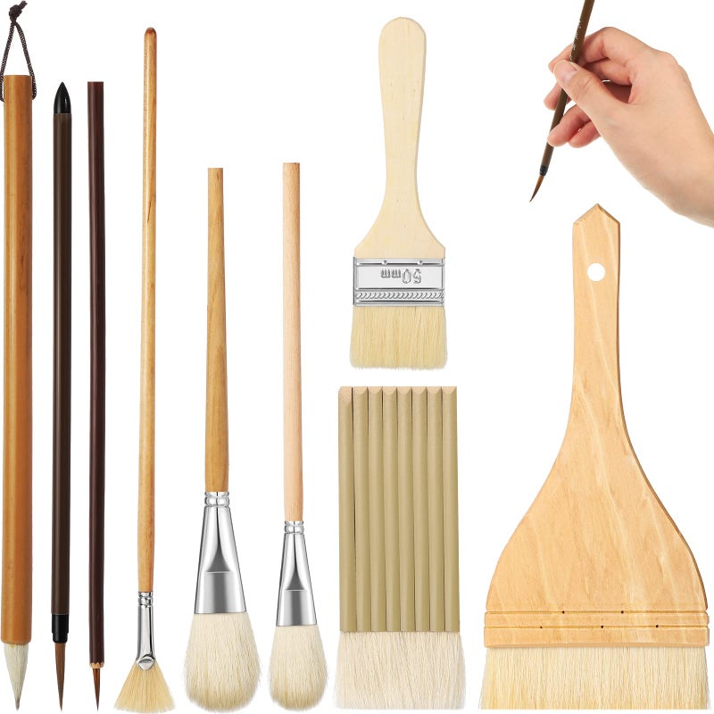 Geelin 9 Pcs Pottery Glaze Brushes Ceramic Brushes Set Different Shapes for Pottery Acrylic Watercolor Wool Bristle Art Paintbrush Sets for Painting Artists Rock Adults