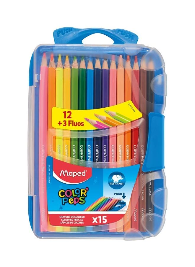 Maped M832035 Smart X12 + X3 Fluo Crayons Color Peps Box 12 Pcs With 3 Complimentary Complex Yellow Orange Blue Navy Green Brown Pink Red Black - Image 2
