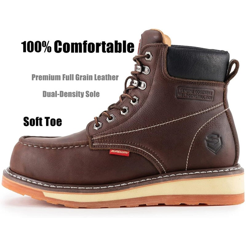SUREWAY Mens Heavy Duty Soft/Composite/Steel Toe Work Boots for Men-Comfortable,GoodyearWelt,Full Grain Leather,6 in Wedge Moc Toe Construction Boots/Shoes,Soft Toe Dark Brown,Size 10 - Image 2