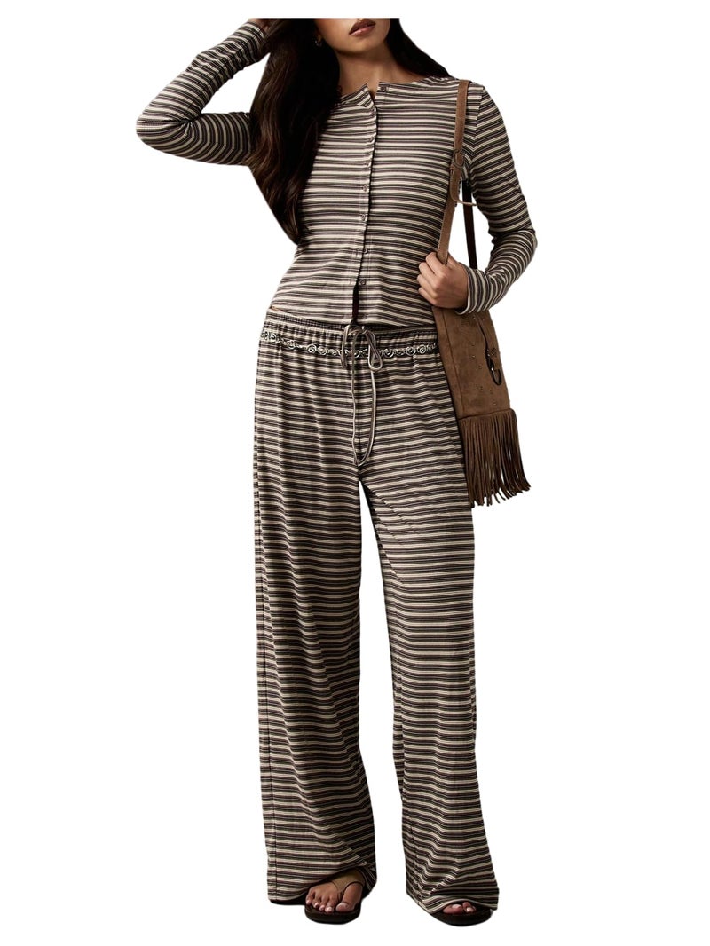WDIRARA Women's Striped 2 Piece Pants Outfits Long Sleeve Button Down Knit Top Set Leisure Fall Casual Brown Medium - Image 1