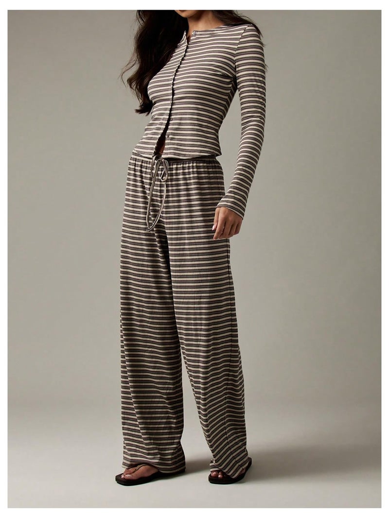 WDIRARA Women's Striped 2 Piece Pants Outfits Long Sleeve Button Down Knit Top Set Leisure Fall Casual Brown Medium - Image 3