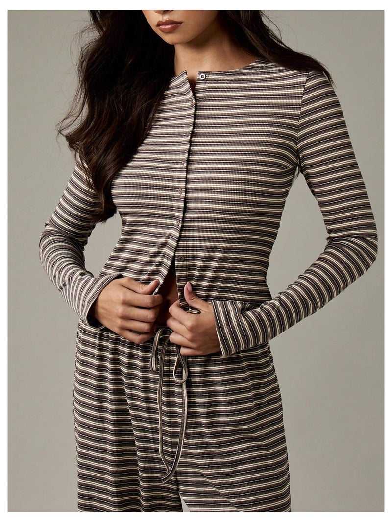 WDIRARA Women's Striped 2 Piece Pants Outfits Long Sleeve Button Down Knit Top Set Leisure Fall Casual Brown Medium - Image 4