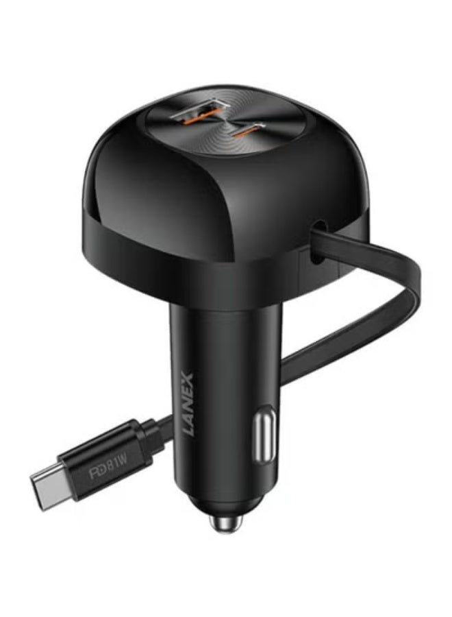 Lanex 2Port Stretchable Type-C Cable Car Charger Black - LQ19 - Image 1